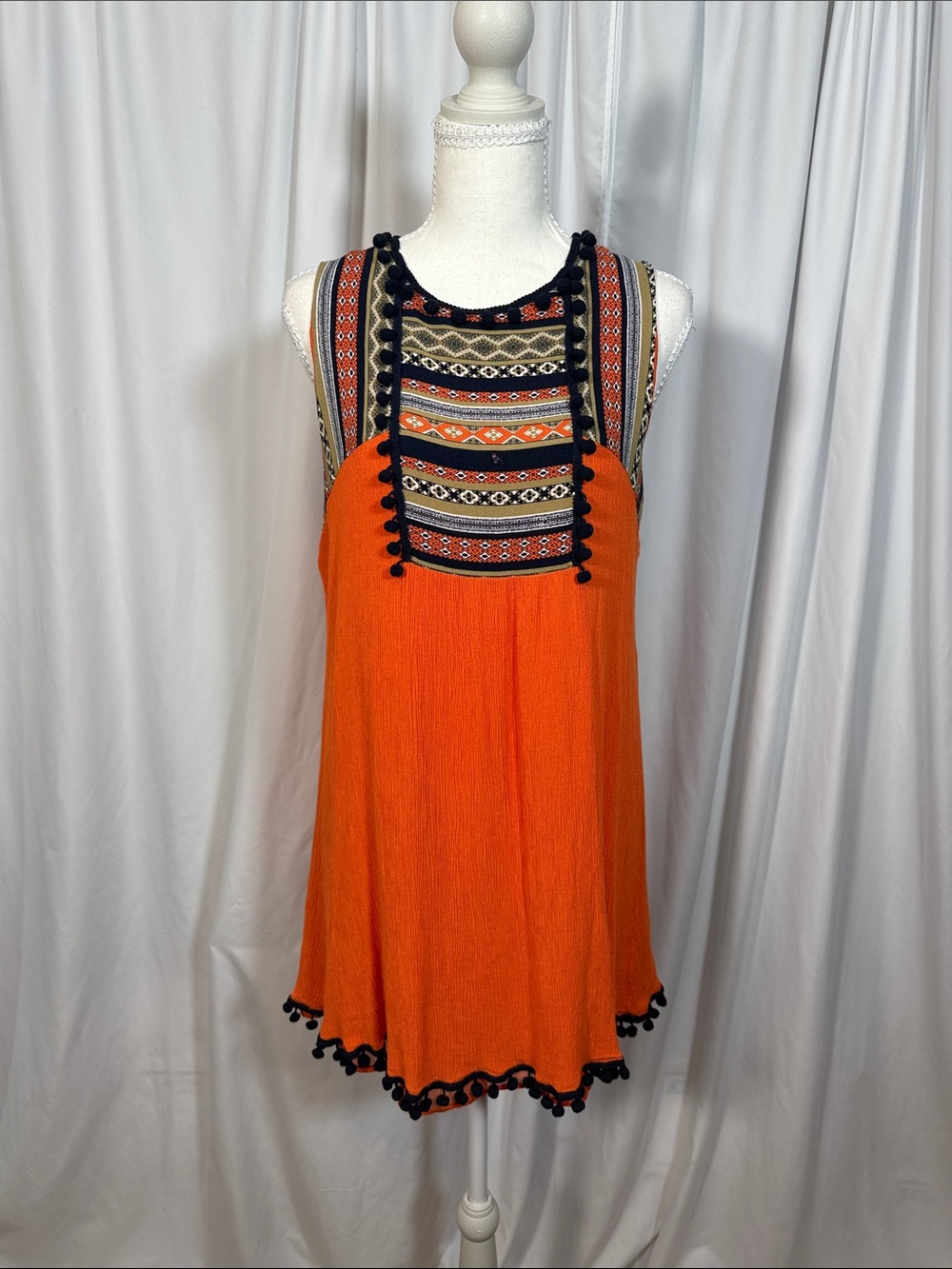 THML Orange Embroidered Pom-Pom Mini Dress